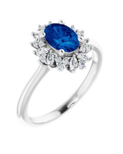 The Angelica 1.00ct Sapphire and 0.48ct Diamond Marquise Halo Ring in 14k Gold